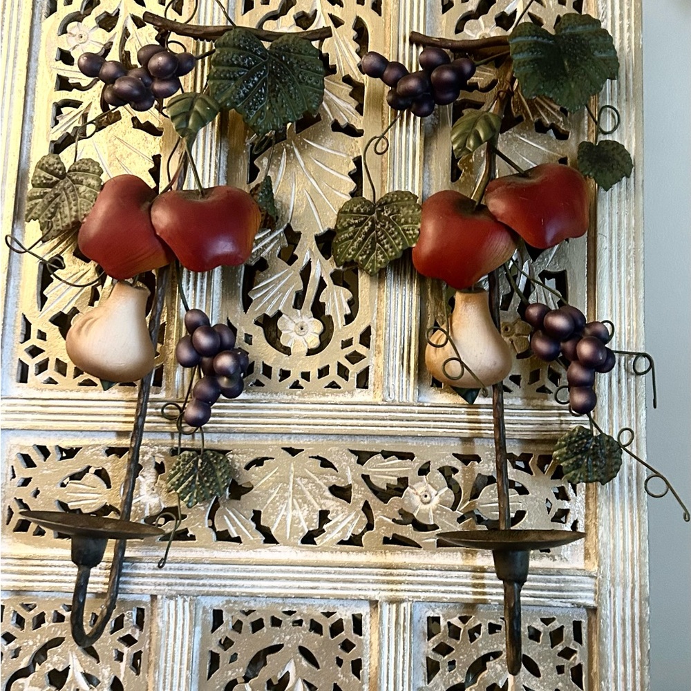 VINTAGE Homco Home Interiors Fruit Theme 2 Wall Sconces 18" Tall, colorful decor